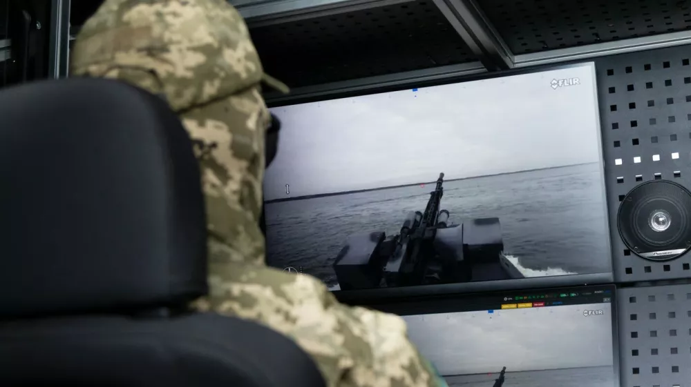 Officer of the Security Service of Ukraine operates the next-generation multipurpose Sea Baby unmanned surface vehicle, on October 17, 2025. (,Image: 1047592576, License: Rights-managed, Restrictions:, Model Release: no