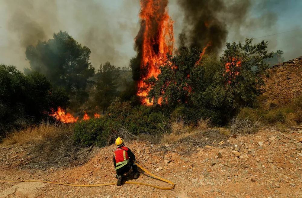 A firefighter looks at burning bushes during a wildfire in Betxi, Spain, July 26, 2026. REUTERS/Eva Manez