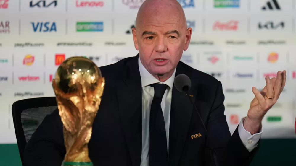 FILE - FIFA President Gianni Infantino speaks during a news conference at the stadium in Mexico City, Wednesday, June 10, 2026, a day before the opening FIFA World Cup match between Mexico and South Africa. (AP Photo/Eduardo Verdugo, File)