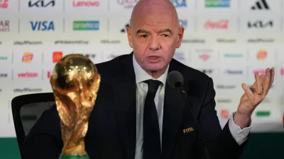FILE - FIFA President Gianni Infantino speaks during a news conference at the stadium in Mexico City, Wednesday, June 10, 2026, a day before the opening FIFA World Cup match between Mexico and South Africa. (AP Photo/Eduardo Verdugo, File)
