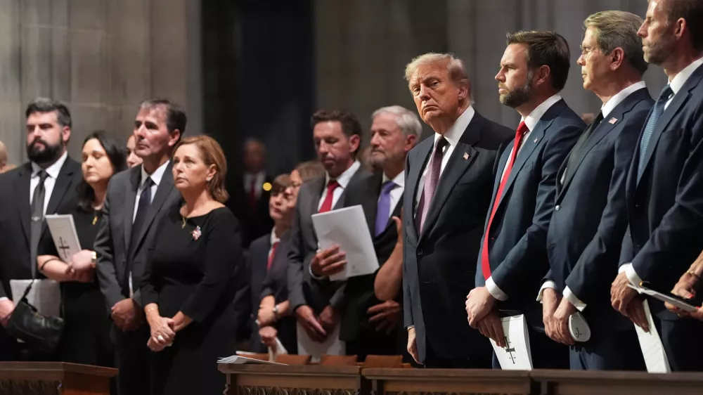 Sen. Darline Graham, R-S.C., her husband Larry Nardone, President Donald Trump, Vice President JD Vance, Treasury Secretary Scott Bessent and Eric Trump attend the funeral of Sen. Lindsey Graham, R-S.C., at the Washington National Cathedral, Tuesday, July 28, 2026, in Washington. (AP Photo/Alex Brandon)