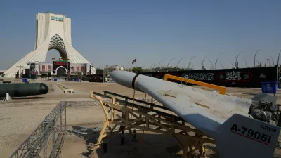 A drone is displayed by the Iranian armed forces in a temporary exhibition in front of the Azadi (Freedom) monument in Tehran, Iran, Wednesday, July 29, 2026. (AP Photo/Vahid Salemi)