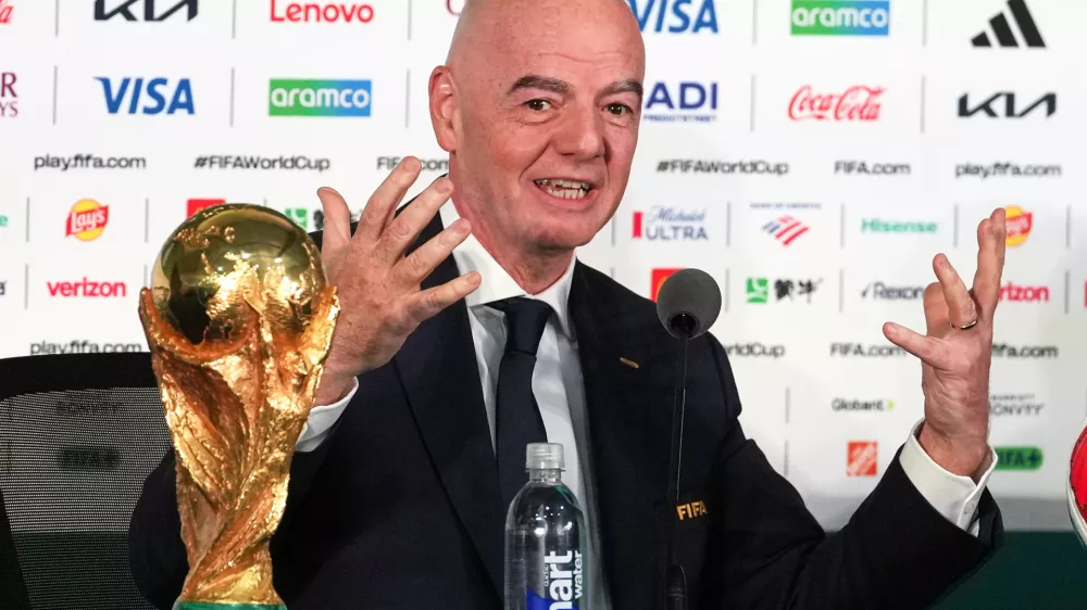 FILE - FIFA President Gianni Infantino speaks during a news conference at the stadium in Mexico City, Wednesday, June 10, 2026. (AP Photo/Eduardo Verdugo, File)