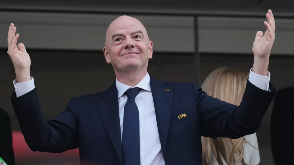 FIFA President Gianni Infantino attends the World Cup Group D soccer match between the United States and Paraguay in Inglewood, Calif., near Los Angeles, Friday, June 12, 2026. (AP Photo/Andre Penner)
