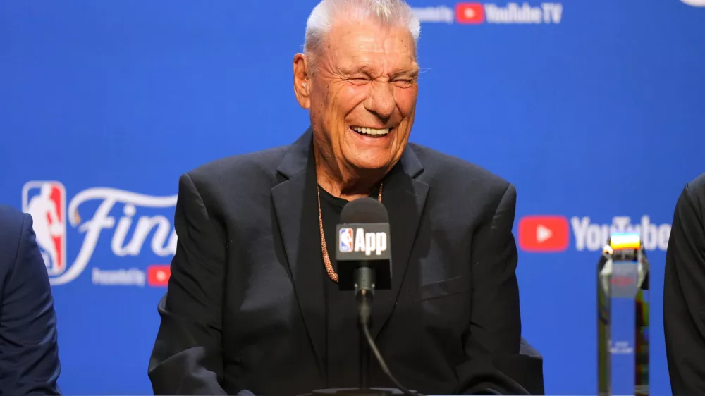 FILE - Chuck Daly Lifetime Achievement Award recipient Don Nelson speaks during a press conference before Game 2 of the NBA Finals basketball series against the Oklahoma City Thunder, June 8, 2025, in Oklahoma City. (AP Photo/Kyle Phillips, File)