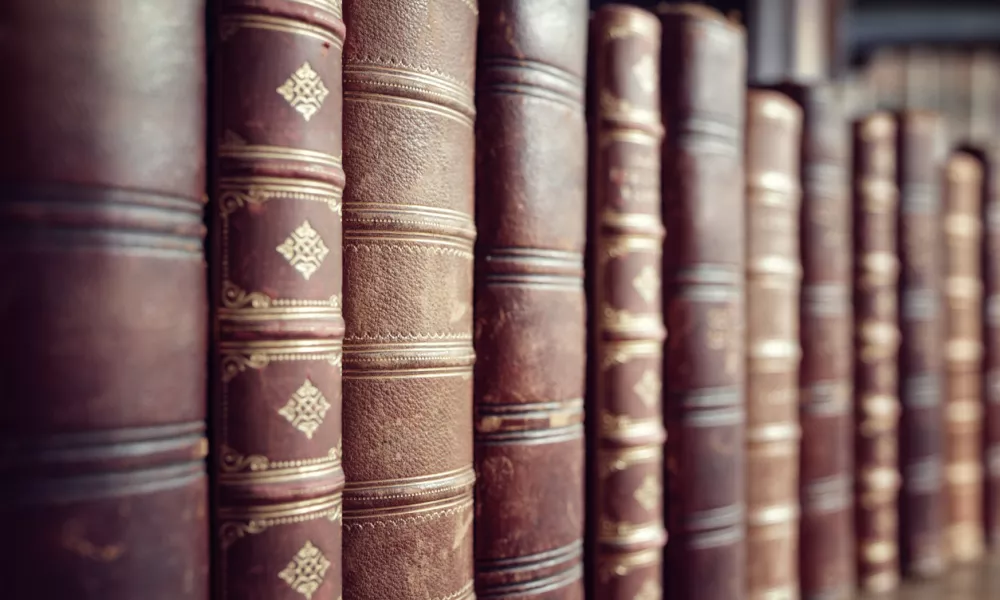 Old leather bound vintage books in a row