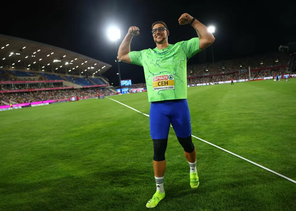 Athletics - European Athletics Championships - Alexander Stadium, Birmingham, Britain - August 13, 2026 Slovenia's Kristjan Ceh celebrates winning the Men's Discus Throw Final REUTERS/Hannah Mckay