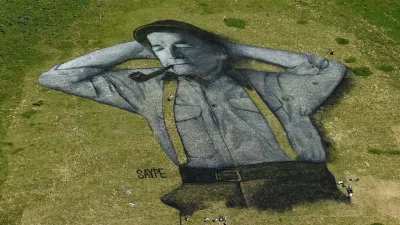 A painting, created by French artist Saype and said to be the world's largest biodegradable painting, is seen on the Chaux-de-Mont ski slope above the Alp resort of Leysin on August 4, 2016. The 100 meter long and 100 meter large painting is made with flour, linseed oil, water and biodegradable natural pigments.,Image: 296151457, License: Rights-managed, Restrictions: RESTRICTED TO EDITORIAL USE - MANDATORY MENTION OF THE ARTIST UPON PUBLICATION - TO ILLUSTRATE THE EVENT AS SPECIFIED IN THE CAPTION, Model Release: no 