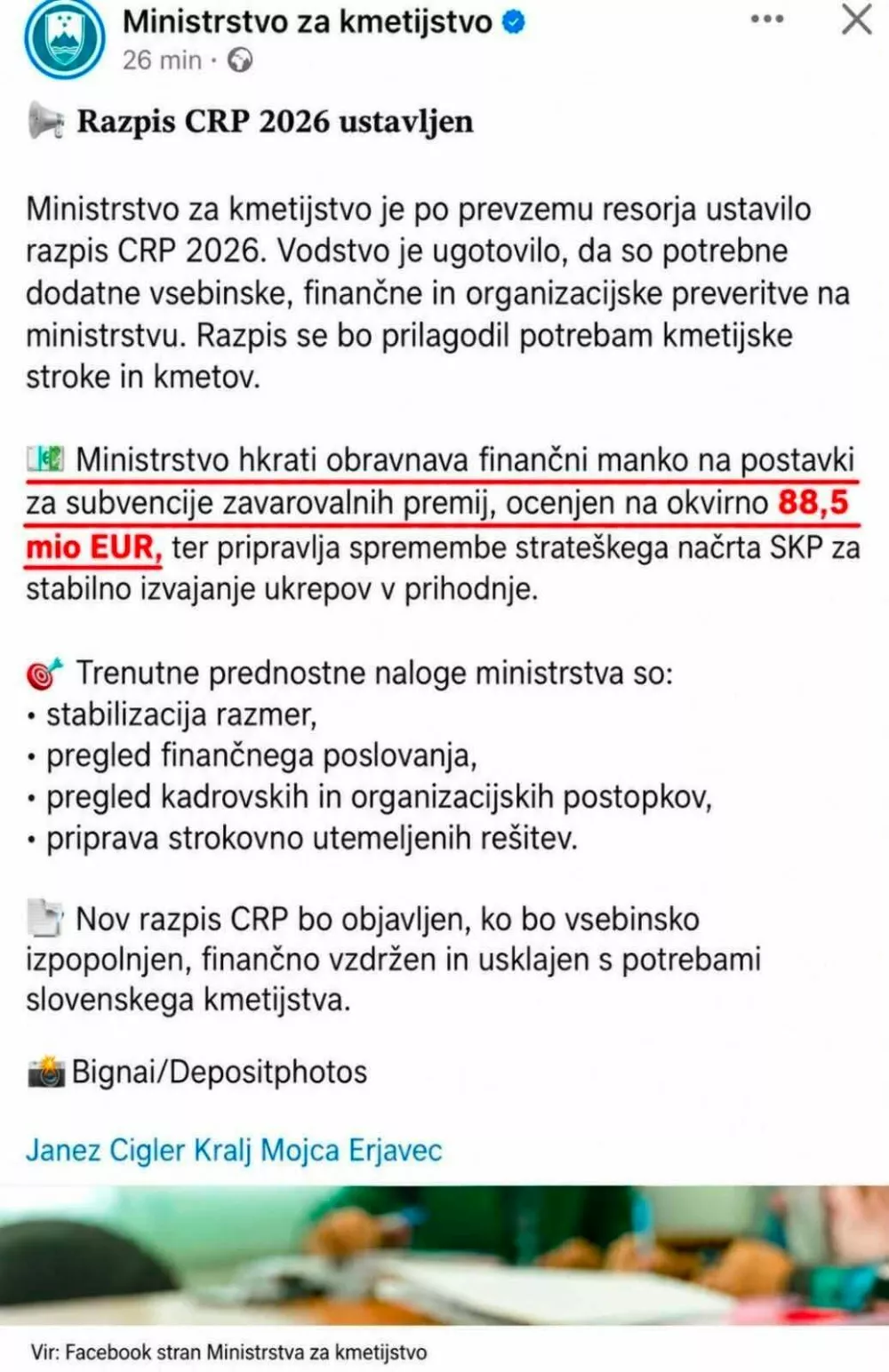 Ministrstvo za kmetijstvo, fb stran. Foto: posnetek strani 