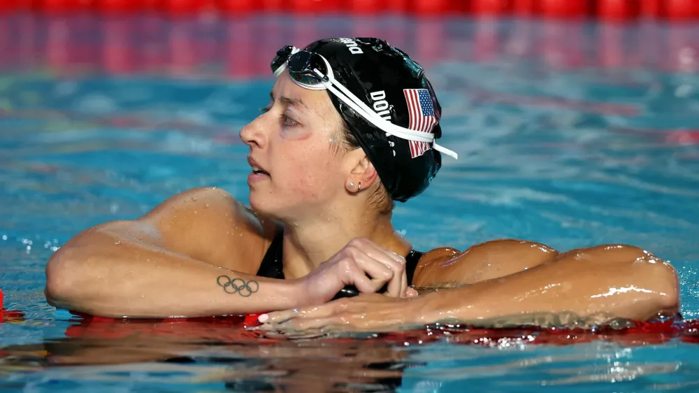 IRVINE, CALIFORNIA - AUGUST 15: Kate Douglass of Team United States looks on after competing in the Women's 200m Breaststroke Final on Day 4 of the Pan Pacific Swimming Championships at William Woollett Jr. Aquatics Center on August 15, 2026 in Irvine, California. Maddie Meyer,Image: 1123944201, License: Rights-managed, Restrictions:, Model Release: no 