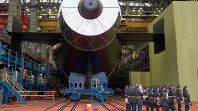In this image made from video provided by Russian Defense Ministry Press Service on Saturday, Nov. 1, 2025, The Khabarovsk nuclear submarine is seen during launches at the Sevmash shipyard in Severodvindk, Russia. (Russian Defense Ministry Press Service via AP)