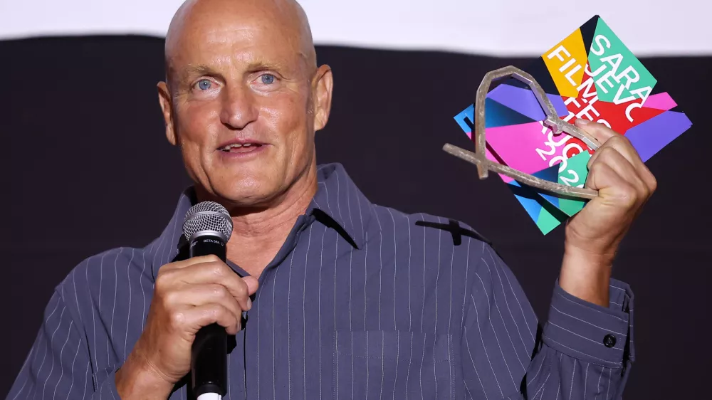 Actor Woody Harrelson speaks during the Heart of Sarajevo Award ceremony at the Sarajevo Film Festival in Sarajevo, Bosnia, Tuesday, Aug. 18, 2026. (AP Photo/Armin Durgut)