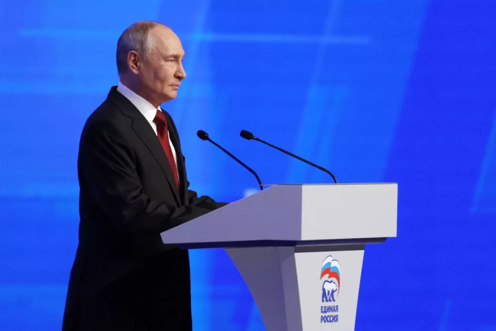 Russian President Vladimir Putin addresses delegates the United Russia party as he attends the party's congress ahead of the upcoming parliamentary elections in Moscow, Russia, August 22, 2026. Sputnik/Gavriil Grigorov/Pool via REUTERS ATTENTION EDITORS - THIS IMAGE WAS PROVIDED BY A THIRD PARTY.