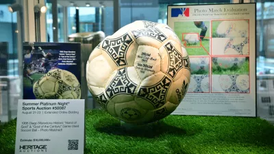The ball that was used in the 1986 World Cup match between Argentina and England during which Argentina's Diego Maradona scored the "Hand of God" goal is displayed before auction at Heritage Auctions in Beverly Hills, California, on August 7, 2026. The ball that Maradona used to score his infamous "Hand of God" goal is expected to sell for  million at a US auction this month. Maradona's goal in the quarter-final match at the Estadio Azteca saw him punch the ball past the England goalkeeper, with the South Americans ultimately winning 2-1.,Image: 1121403624, License: Rights-managed, Restrictions:, Model Release: no 