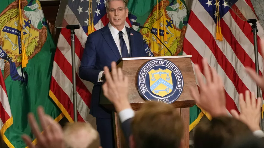 Treasury Secretary Scott Bessent speaks at a news conference, Monday, Aug. 24, 2026, at the Treasury Department in Washington. (AP Photo/Julia Demaree Nikhinson)