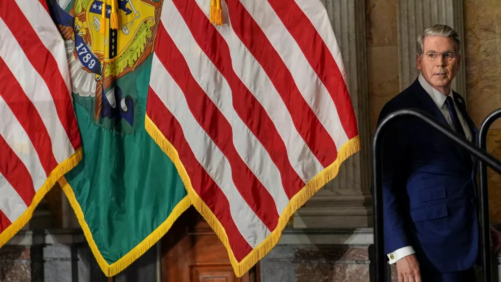 Treasury Secretary Scott Bessent arrives to speak at a news conference, Monday, Aug. 24, 2026, at the Treasury Department in Washington. (AP Photo/Julia Demaree Nikhinson)