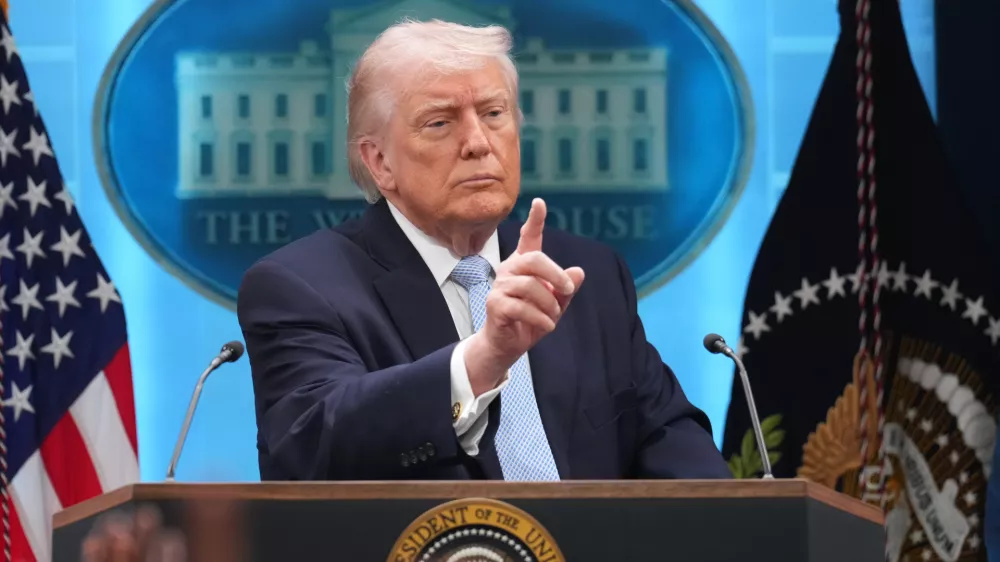 FILE - President Donald Trump speaks with reporters during a news conference in the James Brady Press Briefing Room at the White House, April 6, 2026, in Washington. (AP Photo/Mark Schiefelbein, File)