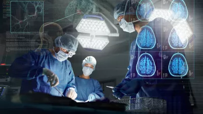 Surgery, team and overlay working research operation or hospital theater, confident or patient trust. Male person, hands and professional tools for brain anatomy, neurology skull or medical doctors