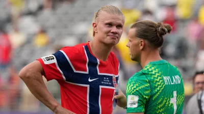 Norway's Erling Haaland (9) and Norway goalkeeper Oerjan Nyland (1) celebrate after the World Cup round of 16 soccer match between Brazil and Norway in East Rutherford, N.J., near New York, Sunday, July 5, 2026. (AP Photo/Frank Franklin II)