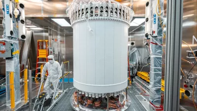 The LUX-ZEPLIN dark matter experiment main detector in a surface lab before installation underground at the Sanford Underground Research Facility in Lead, South Dakota, U.S., in this undated handout photo. The detector is managed by the U.S. Department of Energy's Lawrence Berkeley National Laboratory. Matthew Kapust/Sanford Underground Research Facility/Handout via REUTERS  THIS IMAGE HAS BEEN SUPPLIED BY A THIRD PARTY.