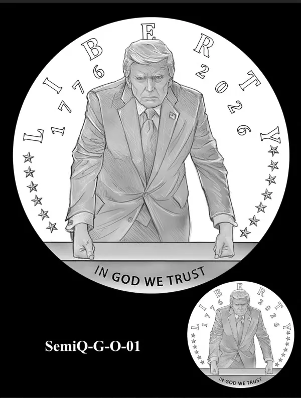 A Semiquincentennial commemorative gold coin design featuring U.S. President Donald Trump, in this undated handout image. U.S. Mint/Handout via REUTERS  THIS IMAGE HAS BEEN SUPPLIED BY A THIRD PARTY