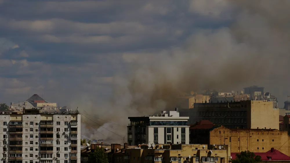 Smoke rises after a Russian drone attack in downtown Kyiv, Wednesday, Sept. 2, 2026. (AP Photo/Francisco Seco)