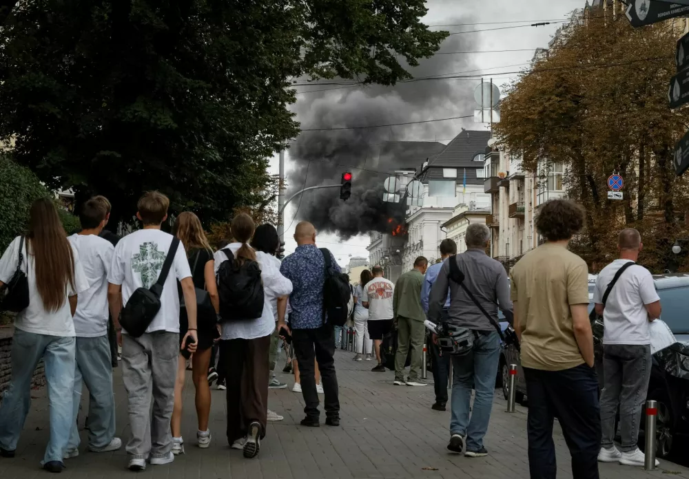 Smoke rises over a building of the headquarters of Ukraine's SBU security service after a Russian drone strike, amid Russia's attack on Ukraine, in Kyiv, Ukraine September 4, 2026. REUTERS/Gleb Garanich