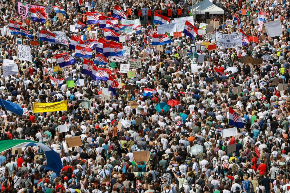 People protest demanding urgent action over illegally dumped hazardous waste in the Lika region and warning of risks to groundwater and public health, in Zagreb, Croatia, September 5, 2026. REUTERS/Borut Zivulovic