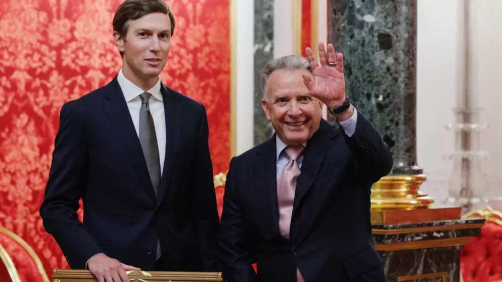 U.S. President Donald Trump's envoys Steve Witkoff, right, and&nbsp;Jared Kushner wait to attend the talks with Russian President Vladimir Putin at the Senate Palace of the Kremlin in Moscow, on Saturday, Sept. 5, 2026. (Gavriil Grigorov/Sputnik/Kremlin Pool Photo via AP)
