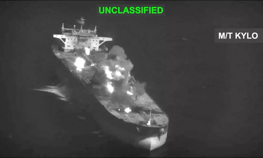 Fire and smoke rise during what U.S. Central Command (CENTCOM) says are strikes on Iranian oil carriers, at an unknown location in this screengrab taken from a handout video released on September 5, 2026. U.S. Central Command/Handout via REUTERS THIS IMAGE HAS BEEN SUPPLIED BY A THIRD PARTY. MANDATORY CREDIT. OVERLAY AND MASKING FROM SOURCE. REFILE - ADDING VERIFICATION LINE VERIFICATION: - Location and date could not be verified - No earlier version of the video found posted online before September 5   TPX IMAGES OF THE DAY