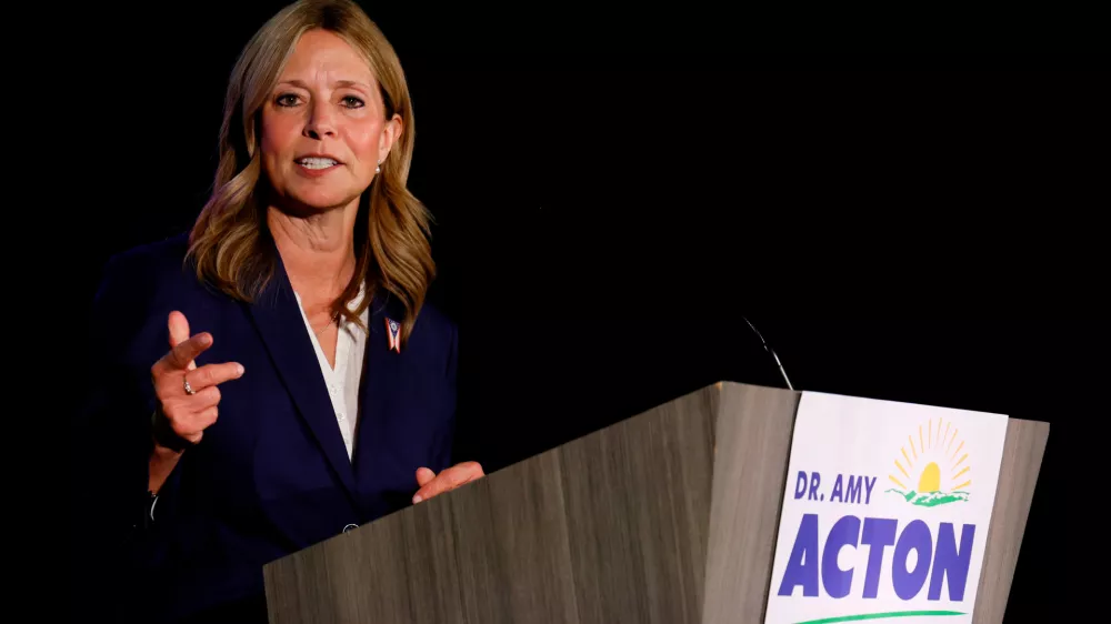 FILE - Democratic gubernatorial candidate Dr. Amy Acton speaks at a primary election night campaign event after winning the party's nomination for governor on May 5, 2026, in Columbus, Ohio. (AP Photo/Jay LaPrete, File)