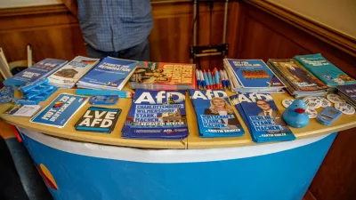 Alternative for Germany party campaign flyers, pamphlets, pens and promotional items are displayed at Charlottenburg Town Hall in Berlin, Germany, on Saturday, August 22, 2026. The materials promote the far-right AfD and several of its Berlin representatives ahead of the September 20 state election. (Photo by Michael Kuenne/PRESSCOV/Sipa USA)