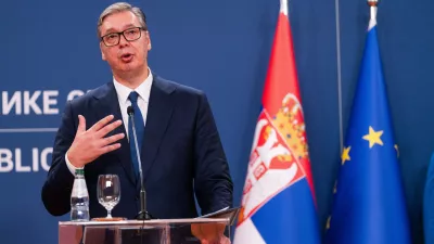August 8, 2026, Belgrade, Central Serbia, Serbia: 202688, Belgrade, Serbia - Serbian President VUCIC ALEKSANDAR hosts Ukrainian President VOLODYMYR ZELENSKYY during his official visit to the Republic of Serbia at the Palace of Serbia. Serbian President VUCIC ALEKSANDAR addresses the media during a joint press conference. (Credit Image: © Marko Dimic/ZUMA Press Wire)