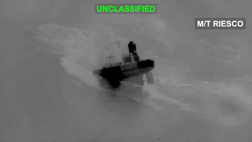 An Iranian crude oil carrier identified as M/T Riesco sinks after being struck, which U.S. Central Command says it targeted after attempted Iranian missile attacks on a U.S. Navy warship over the past two days, at a location given as the Gulf of Oman, in this still image taken from video released September 8, 2026.  U.S. Central Command/Handout via REUTERS  THIS IMAGE HAS BEEN SUPPLIED BY A THIRD PARTY. MANDATORY CREDIT. OVERLAYS FROM SOURCE. Verification: - Location or date not verified - Deck layout, chimney, crane and vessel exterior matched archive images of the vessel - Ship tracking data showed tanker Riesco location in Gulf of Oman on September 8 - No older version found posted online before September 8
