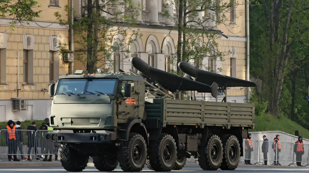 FILE PHOTO: An armoured truck transports Russia's Geran unmanned comabt aerial vehicles before a military parade on Victory Day, marking the 80th anniversary of the victory over Nazi Germany in World War Two, in Moscow, Russia, May 9, 2025. REUTERS/Shamil Zhumatov/File Photo