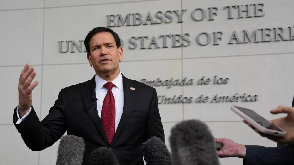 U.S. Secretary of State Marco Rubio speaks to the press outside the U.S. embassy in Quito, Ecuador, September 9, 2026. Dolores Ochoa/Pool via REUTERS