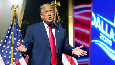 President Donald Trump gestures as he departs the Republican convention, Thursday, Sept. 10, 2026, in Dallas. (AP Photo/Julia Demaree Nikhinson)