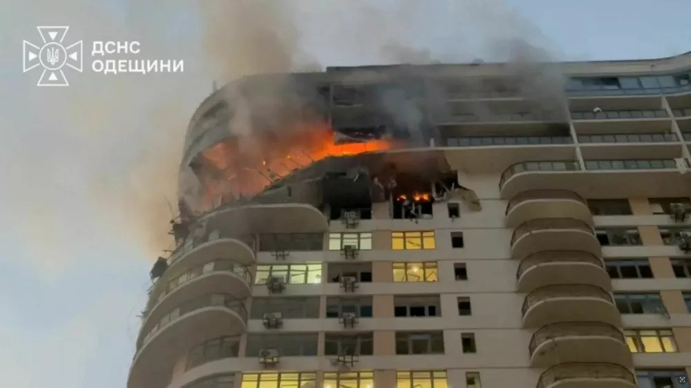 Flames and smoke rise from a residential building in the aftermath of a strike, in Odesa, Ukraine, September 12, 2026. State Emergency Service of Ukraine in Odesa Region/Handout via REUTERS  THIS IMAGE HAS BEEN SUPPLIED BY A THIRD PARTY. MANDATORY CREDIT. VERIFICATION: Building facade and layout matched archive and satellite images. Date confirmed by official and media reports of the attack on Odesa. Odesa Region Governor Oleh Kiper confirmed that 23 people were injured in the strike on a residential building on September 12.