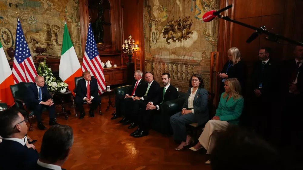 Ireland's Prime Minister Miche&aacute;l Martin, center left, and U.S. President Donald Trump during a meeting at Farmleigh House in Dublin, Saturday, Sept. 12, 2026. (AP Photo/Julia Demaree Nikhinson)