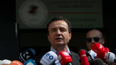 Kosovo's acting Prime Minister and Vetevendosje party leader Albin Kurti adresses media after voting in parliamentary election in Kosovo capital Pristina, on Sunday, June 7, 2026. (AP Photo/Visar Kryeziu)