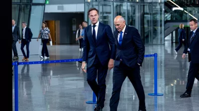 NATO Secretary General Mark Rutte, left, and Slovenian Prime Minister Janez Jansa speak to each other prior to a meeting at NATO headquarters in Brussels, Monday, Sept. 14, 2026. (AP Photo/Omar Havana)