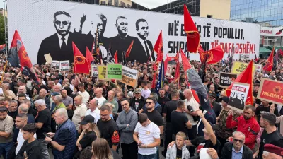 People rally in Pristina, Kosovo, Saturday, Sept. 12, 2026, in support of the former president Hashim Thaci and the other defendants, Kadri Veseli, Rexhep Selimi and Jakup Krasniqi ahead of their verdicts next week at a Netherlands-based court which tried them for alleged war crimes during a 1998-1999 separatist war from Serbia. (AP Photo/Zana Cimili)