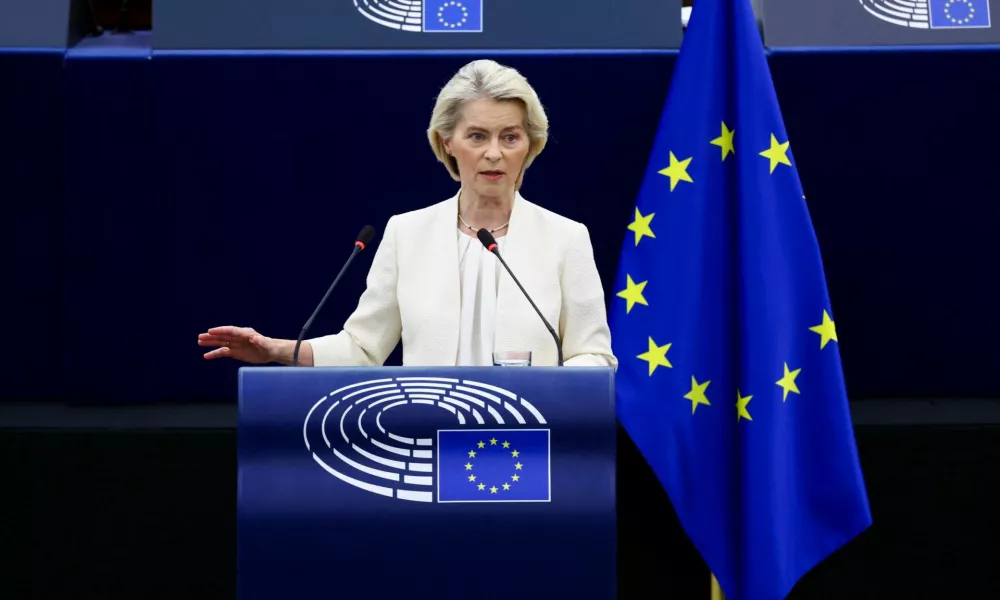 European Commission President Ursula von der Leyen delivers the State of the European Union address (SOTEU) to the European Parliament, in Strasbourg, France, September 16, 2026. REUTERS/Yves Herman