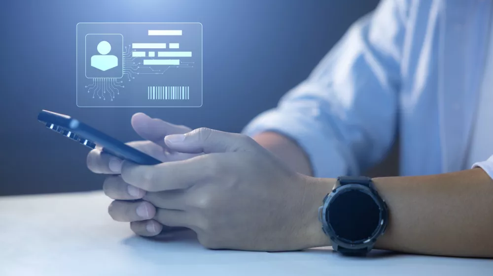 Digital identification or digital ID. Businessman and hand touch virtual screen of digital identification card to accessing databases by digital identity for cyber security. Employee badge.