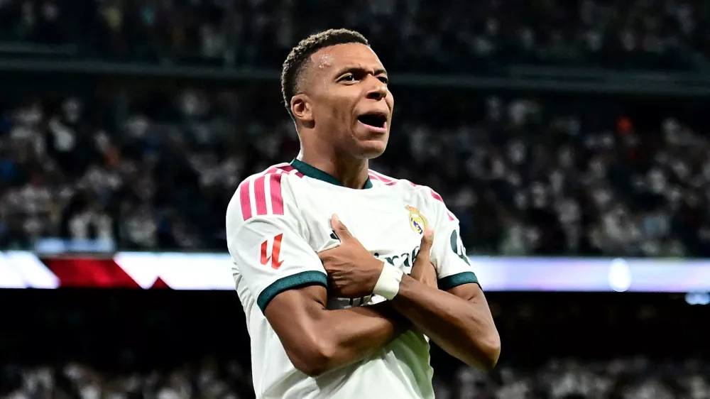FILE PHOTO: Soccer Football - LaLiga - Real Madrid v Real Sociedad - Estadio Santiago Bernabeu, Madrid, Spain - August 26, 2026 Real Madrid's Kylian Mbappe celebrates scoring their second goal REUTERS/Juan Barbosa/File Photo