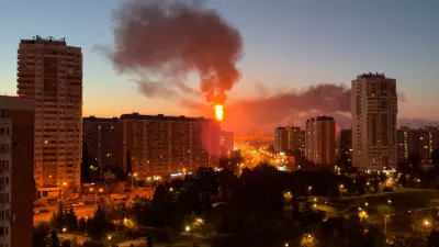 Flame and smoke is seen rising from Moscow's oil refinery in the south east of the city following a largescale Ukrainian drone attack, Sunday, Sept. 20, 2026. (UGC via AP)