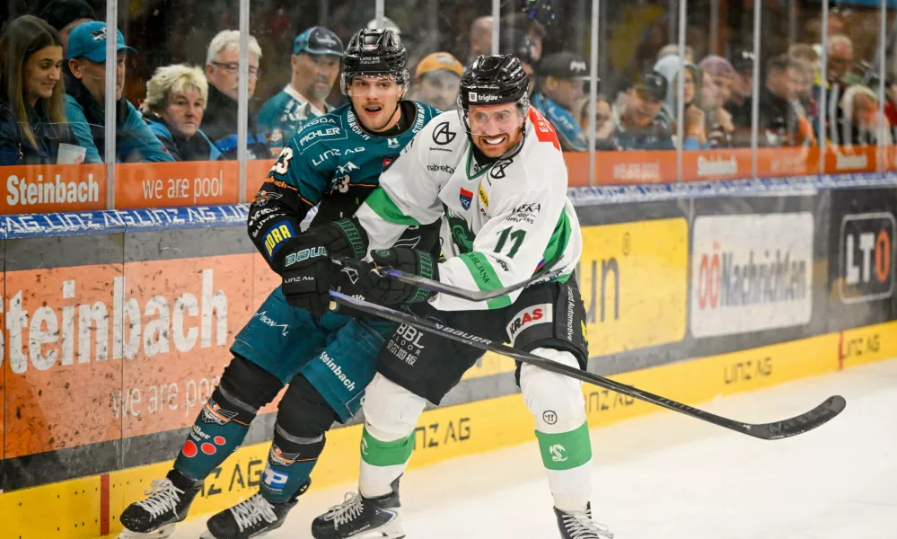 23.09.2026, Eishalle Linz, AUT, ICE Eishockey Liga, Black Wings Linz AUT vs HK Olimpija Ljubljana SLO, im Bild Patrick Soellinger Black Wings Linz vs Marley Qunice HK Olimpija Ljubljana // ICE win2day Hockey League Match between Black Wings Linz AUT vs HK Olimpija Ljubljana SLO in Linz, Austria on 2026/09/23 Linz Oberoesterreich Austria *** September 23, 2026, Linz Ice Arena, AUT, ICE Hockey League, Black Wings Linz AUT vs. HK Olimpija Ljubljana SLO pictured: Patrick Soellinger, Black Wings Linz vs. Marley Qunice, HK Olimpija Ljubljana. ICE win2day Hockey League match between Black Wings Linz AUT and HK Olimpija Ljubljana SLO in Linz, Austria on September 23, 2026, in Linz, Upper Austria, Austria,Image: 1137590438, License: Rights-managed, Restrictions:, Model Release: no 