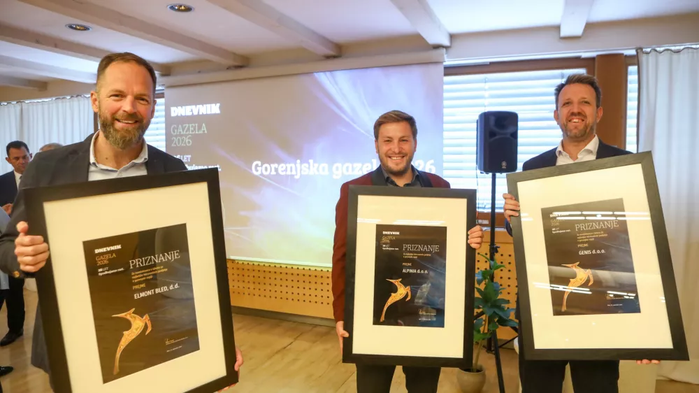  ELMONT BLED- Boris Žnidar, ALPINIA- Jure Repan&scaron;ek, GENIS- Janko &Scaron;tefančič,   24.9.2026 -- Gazela 2026 - Gorenjska Gazela regijski izbor najbolj&scaron;ih najhitreje rastočih podjetij &ndash; razglasitev Gorenjske gazele - Hotel Lovec BledFoto: Luka Cjuha​24.9.2026 -- Gazela 2026 - Gorenjska Gazela regijski izbor najbolj&scaron;ih najhitreje rastočih podjetij &ndash; razglasitev Gorenjske gazele - Hotel Lovec BledFoto: Luka Cjuha​