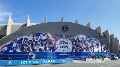 July 7, 2023. Paris, France. Main facade of Parc des Princes stadium decorated with PSG player graphics featuring Kylian Mbappe, Lionel Messi and other members of the 2022-2023 squad.