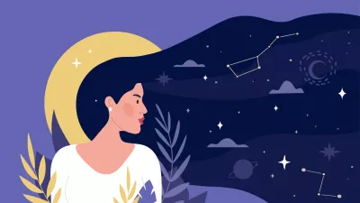 Hair night concept. Abstract images, galaxy and universe. Constellations and Milky Way. Scientific research, astronomy and astrology. Innovation and future, woman. Cartoon flat vector illustration / Foto: Rudzhan Nagiev Getty Images